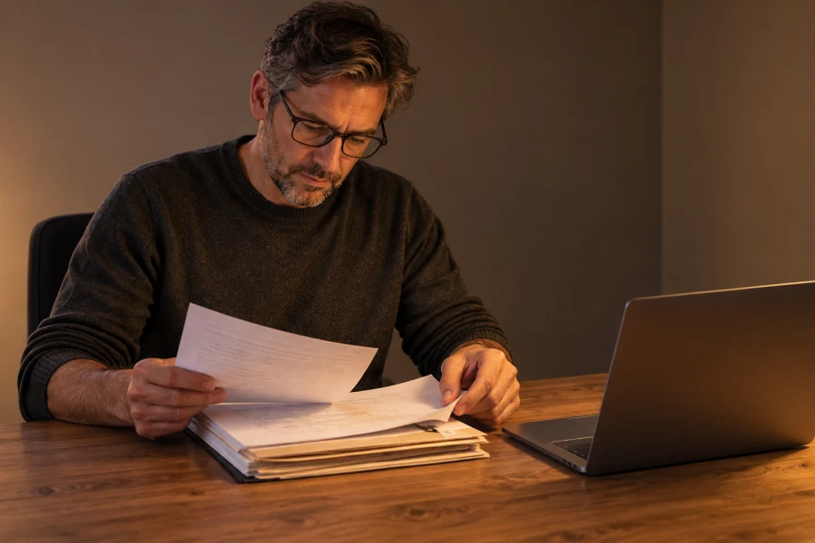 A man at a desk in the evening, reading through his parent's papers beside an open laptop.