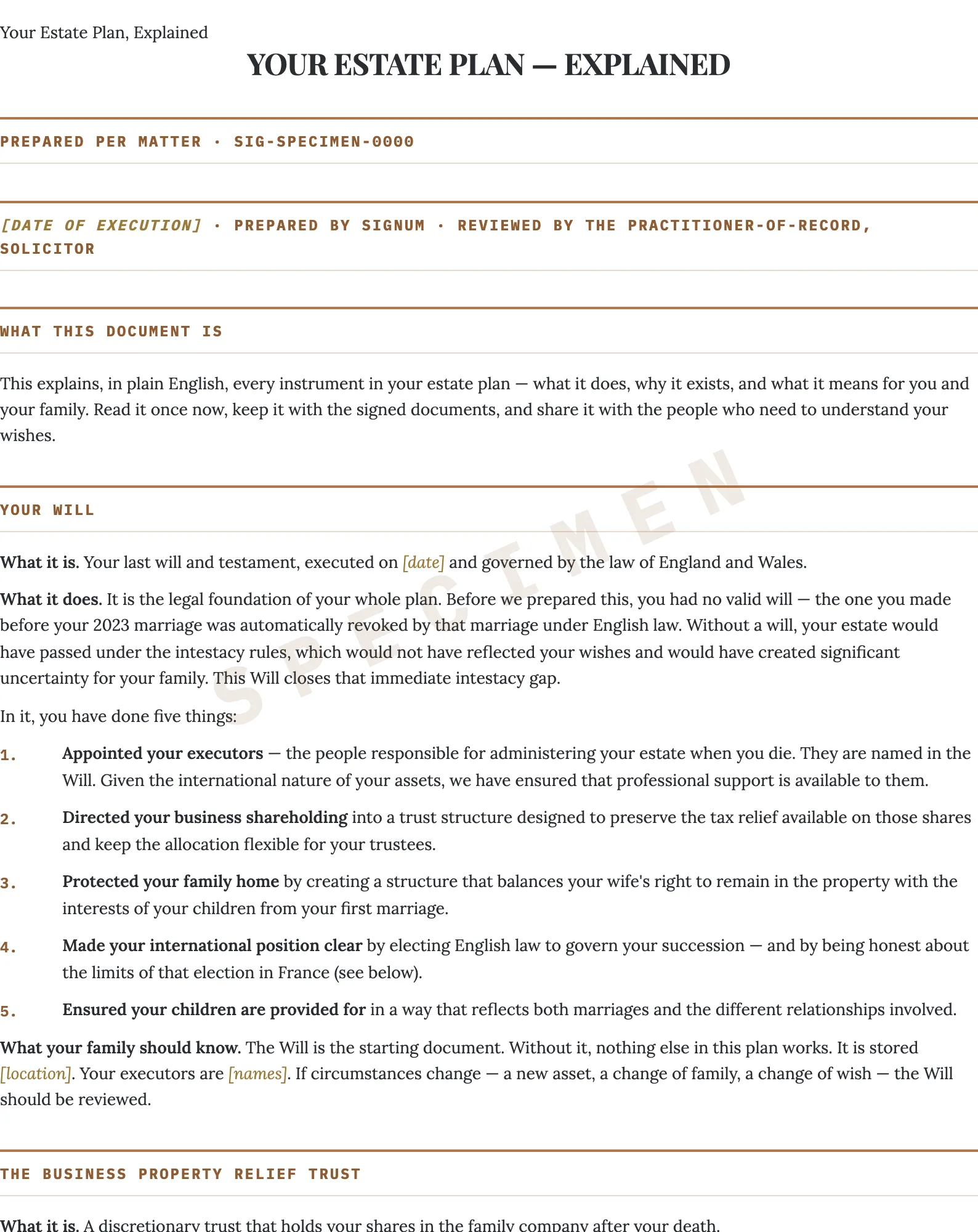 Specimen page from a completion pack: 'Your Estate Plan — Explained', the plain-English account of every instrument