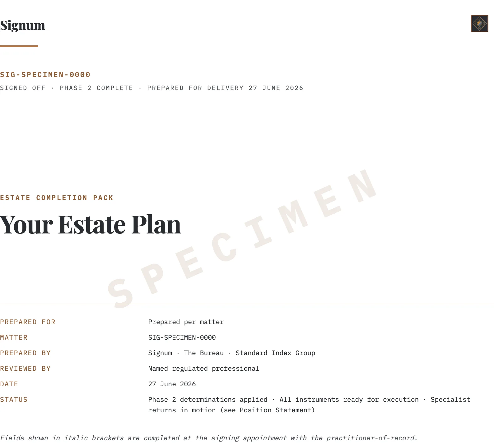 Specimen cover of a Signum estate completion pack — 'Your Estate Plan', prepared and reviewed, details neutralised