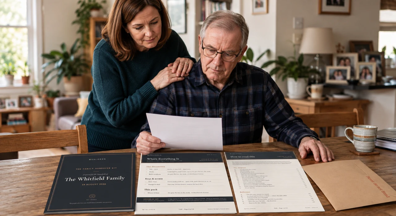 An adult daughter standing behind her seated father at a wooden kitchen table, her hand on his shoulder, both looking down at the prepared pages of the Kit spread out in front of him, next to a kraft envelope.