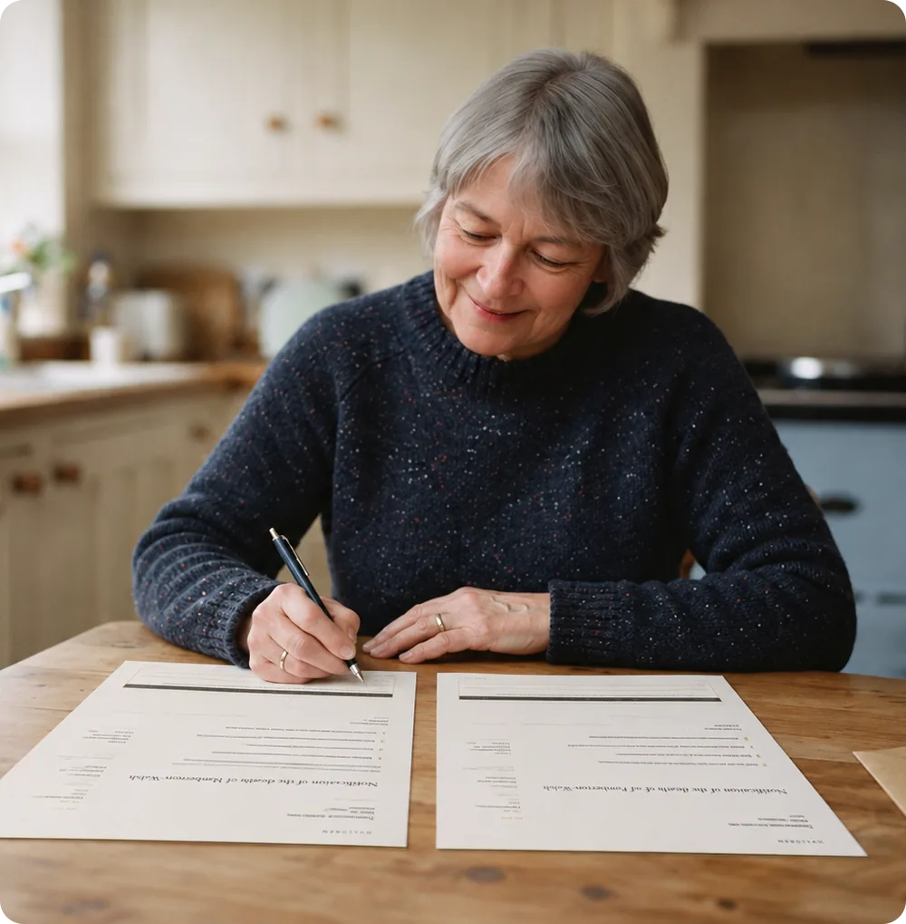 A woman at a kitchen table signing one of the two prepared notification letters in front of her, kraft envelopes at her elbow.