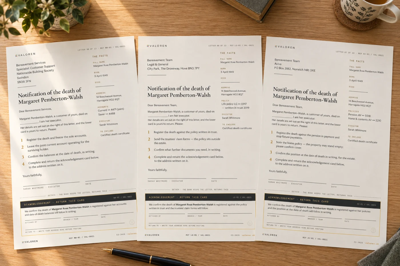 Three prepared notification letters fanned out on a wooden table — Nationwide, Legal & General and Aviva — each with its tear-off acknowledgement card.