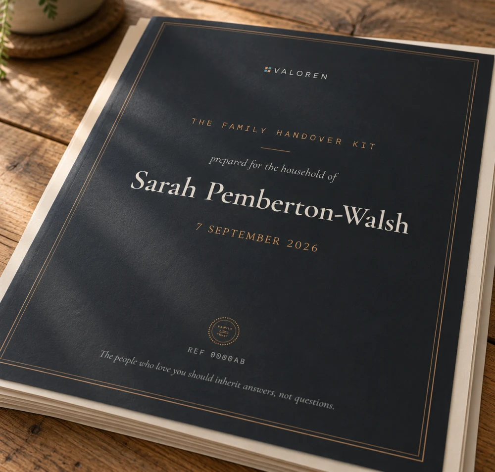 The Family Handover Kit's cover sheet on top of its loose printed pages, for the household of Sarah Pemberton-Walsh, on a pine table.