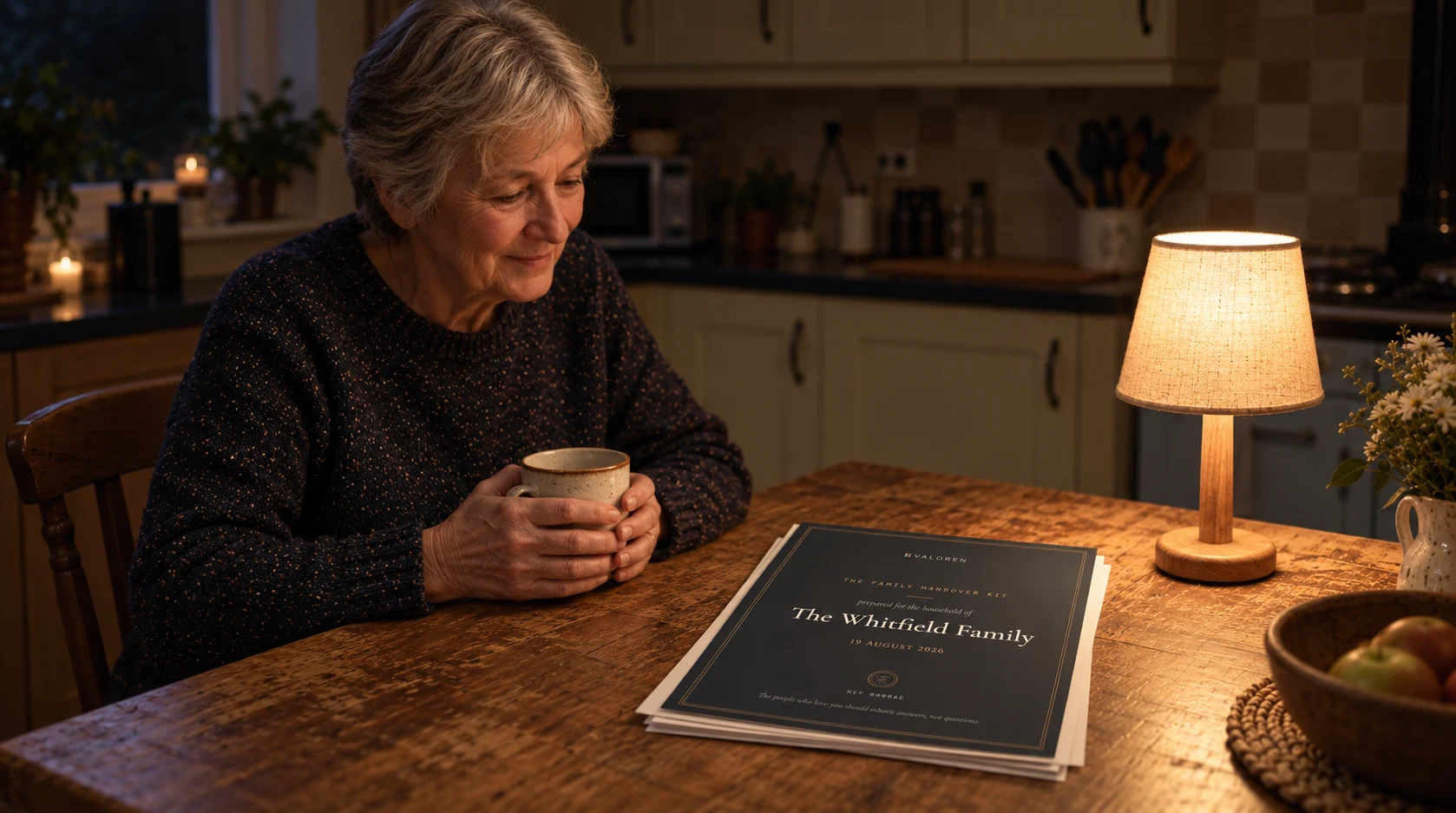 A woman at a kitchen table at night, a mug in both hands, the closed kit beside her under a lamp.