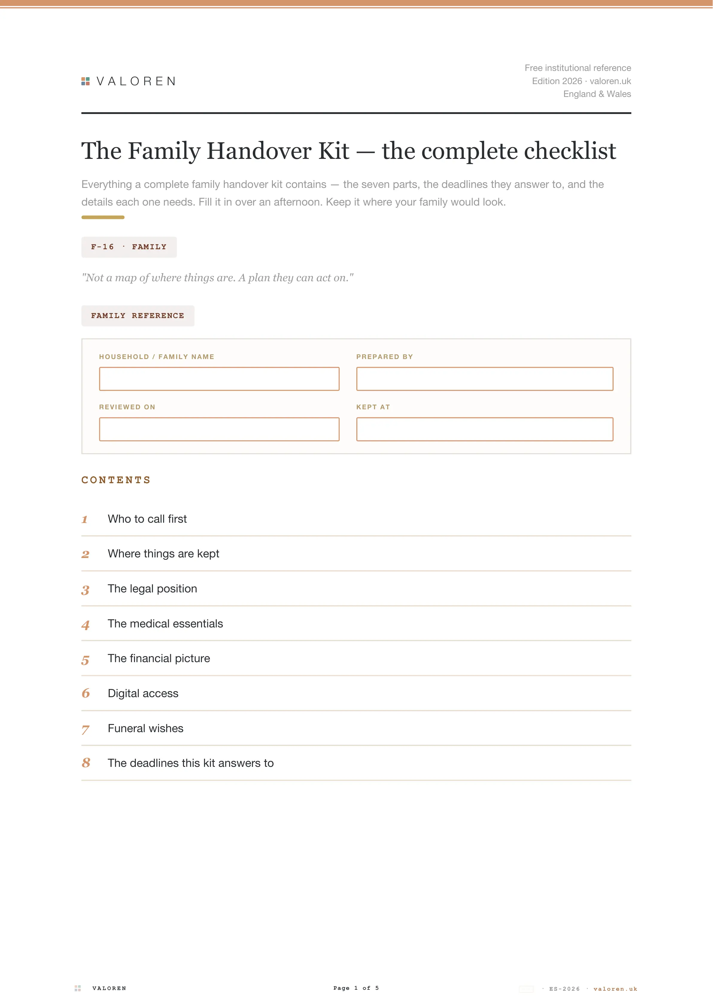 First page of the Family Handover Kit checklist.