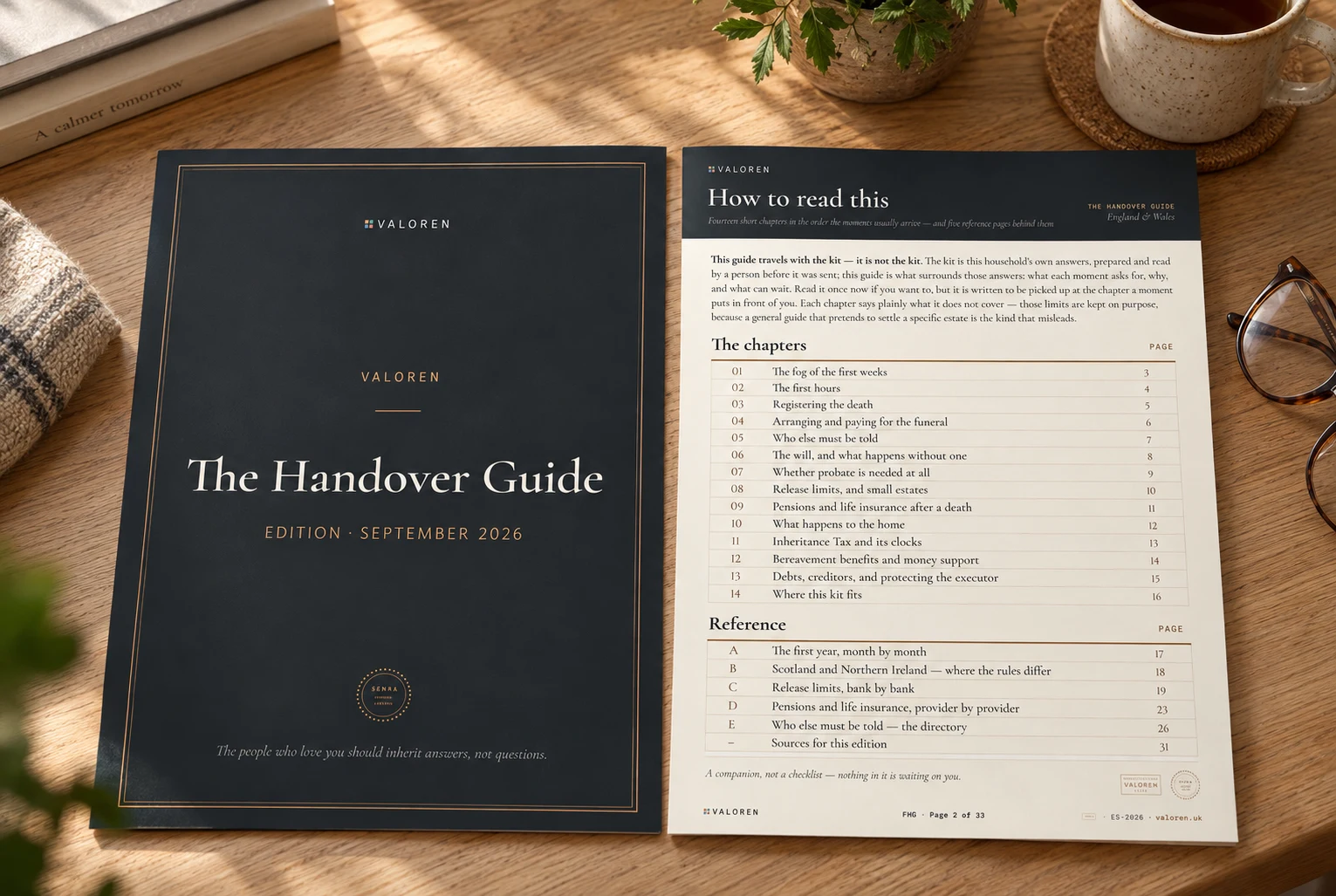The Handover Guide's cover and its 'How to read this' page, as loose printed sheets on a wooden table beside a mug of tea and reading glasses — the real chapter list, not a bound book.