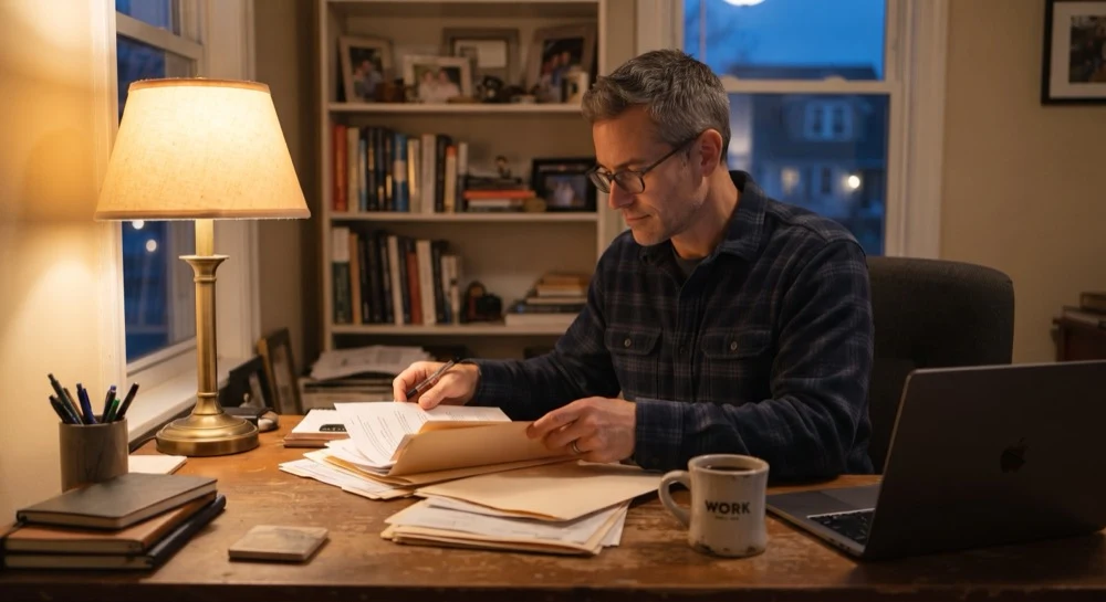 A man in his forties at a home desk in the evening, sorting through papers and folders, a lamp lit, a laptop closed beside him.