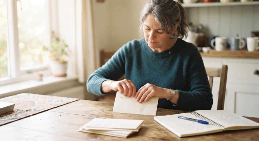 A woman sealing an envelope at a kitchen table, a small stack of already-sealed envelopes beside her, a notebook and pen open nearby.