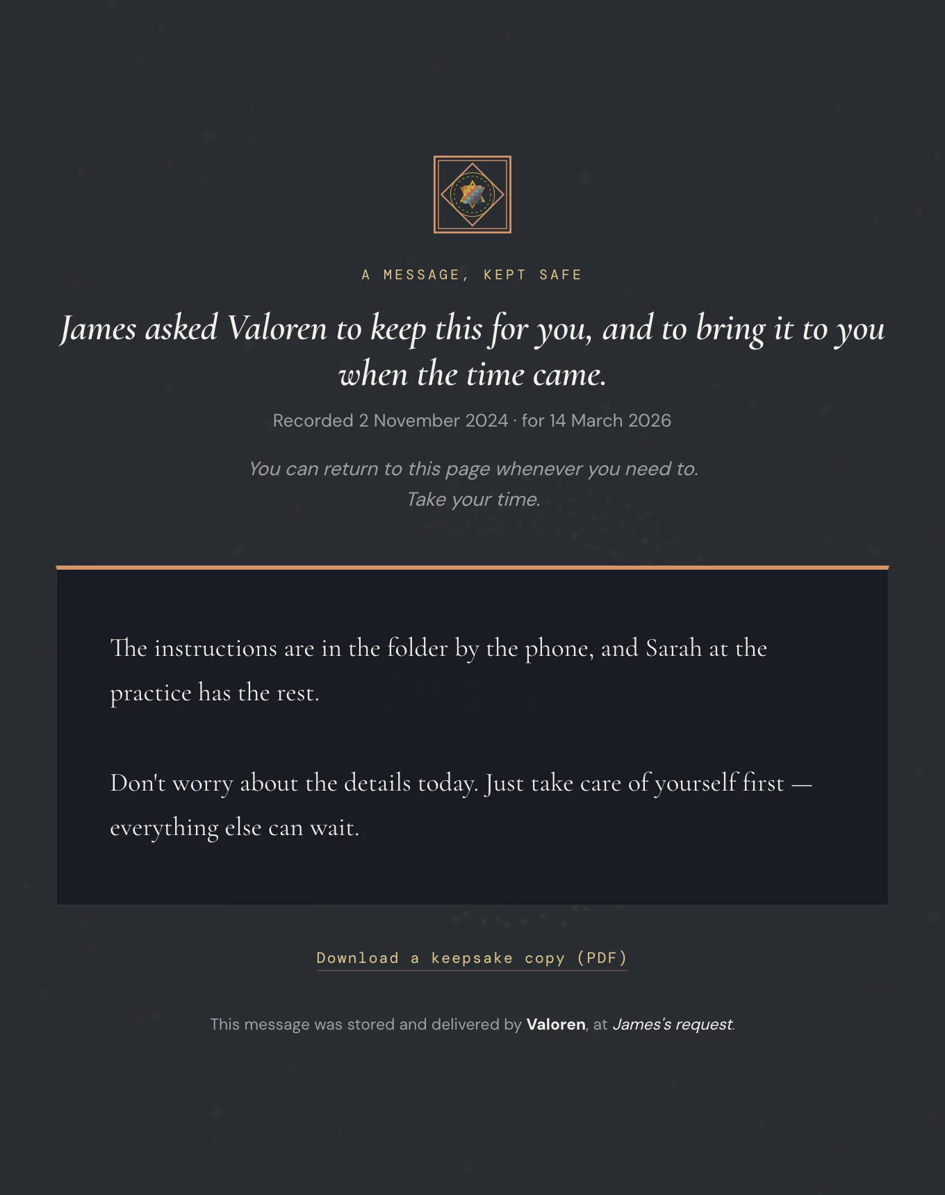The page a trusted recipient opens when a sealed Valoren message is released to them.