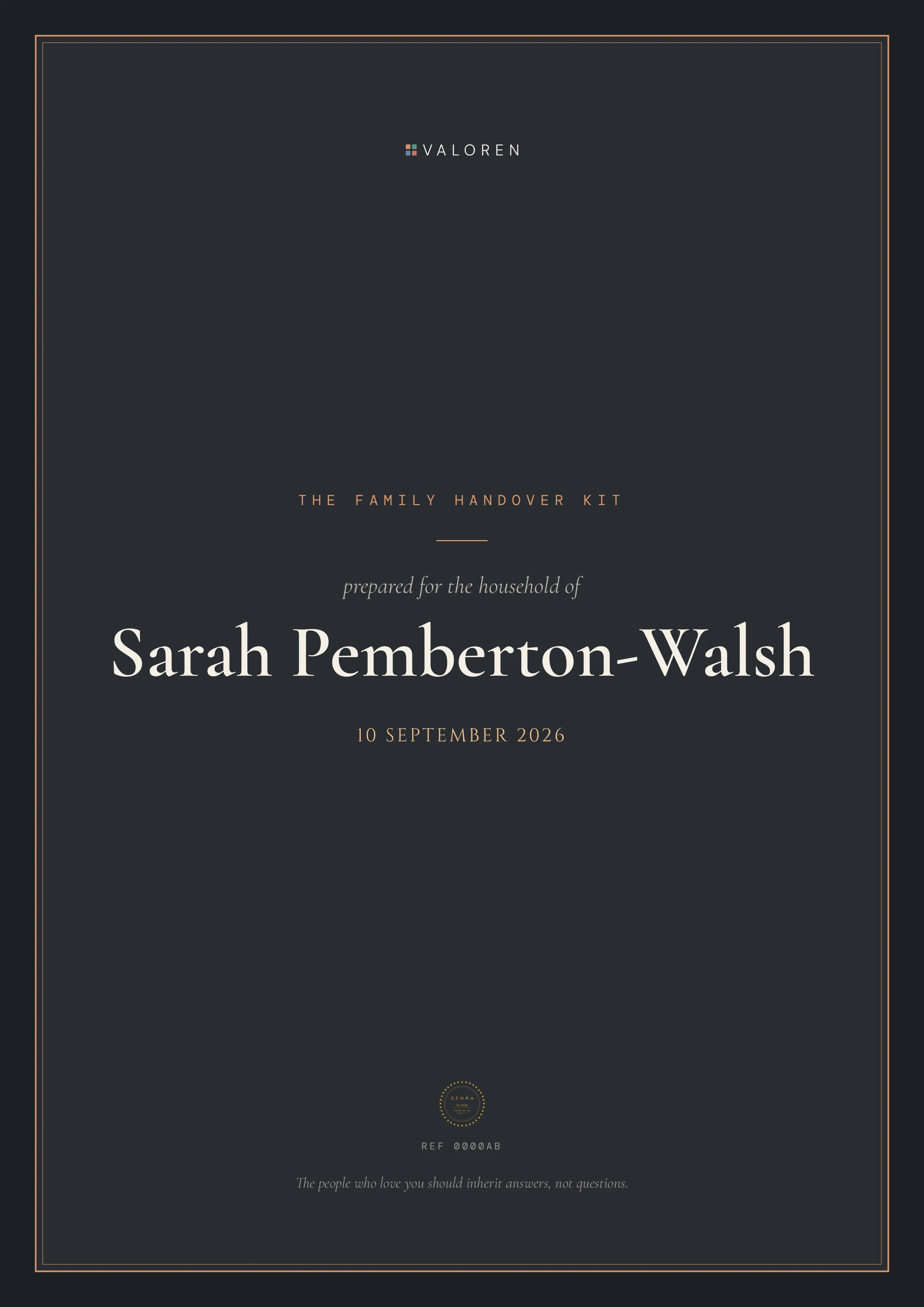 The dark cover of a finished Family Handover Kit, prepared for the fictional Pemberton-Walsh household — dated and sealed.