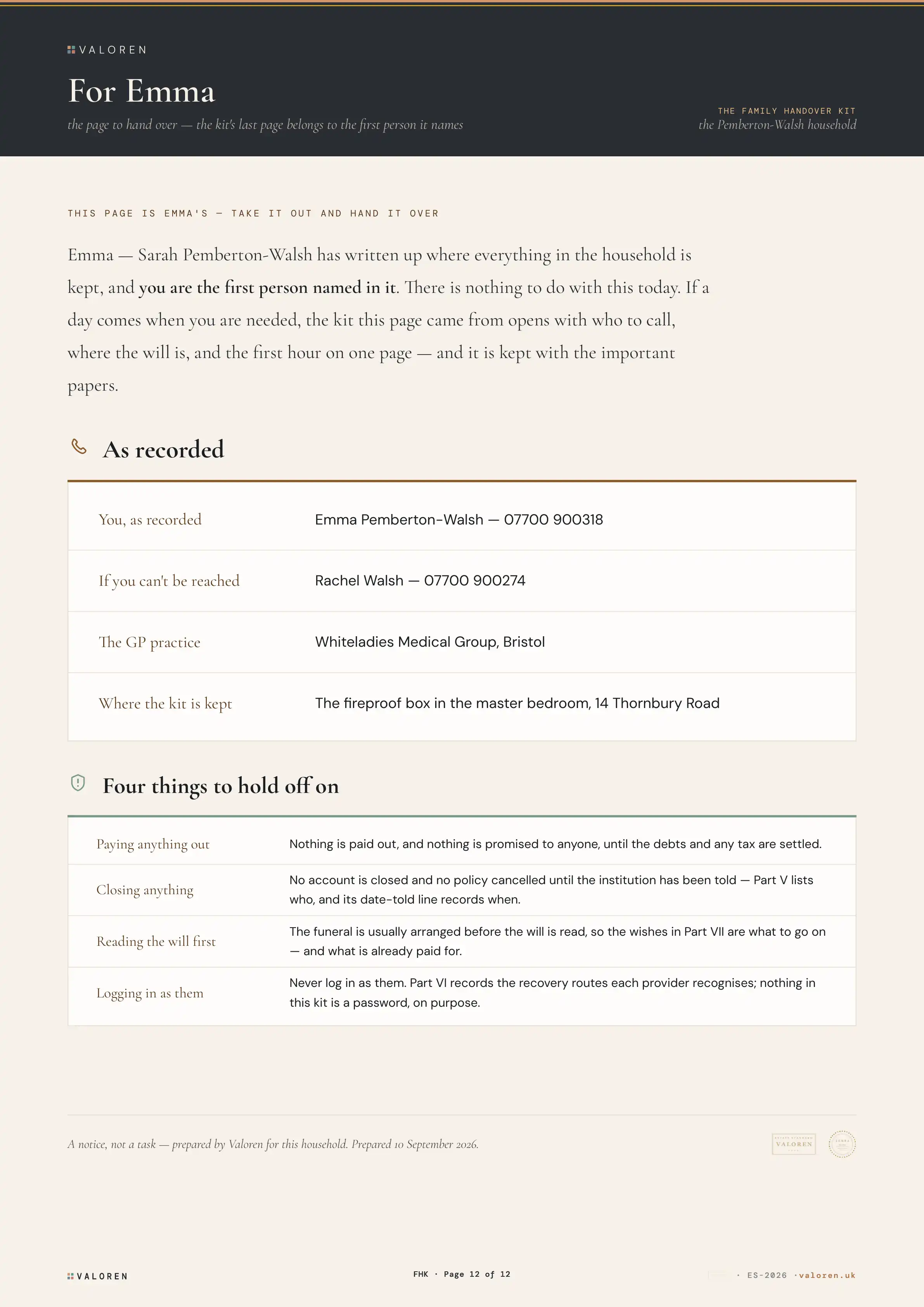 The kit's last page, addressed to the first person the household named — to take out and hand over.